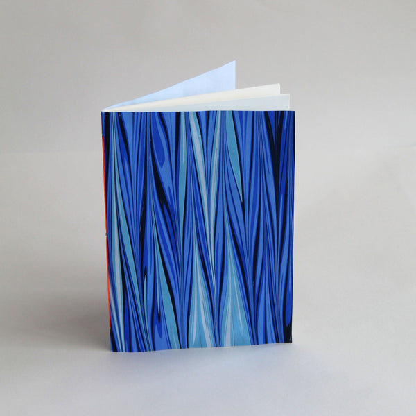 A5 notebook, featuring hand-marbled tide design by Marmor Paperie for Mark+Fold, and 120gsm fountain pen friendly pages, sewn in Suffolk UK.