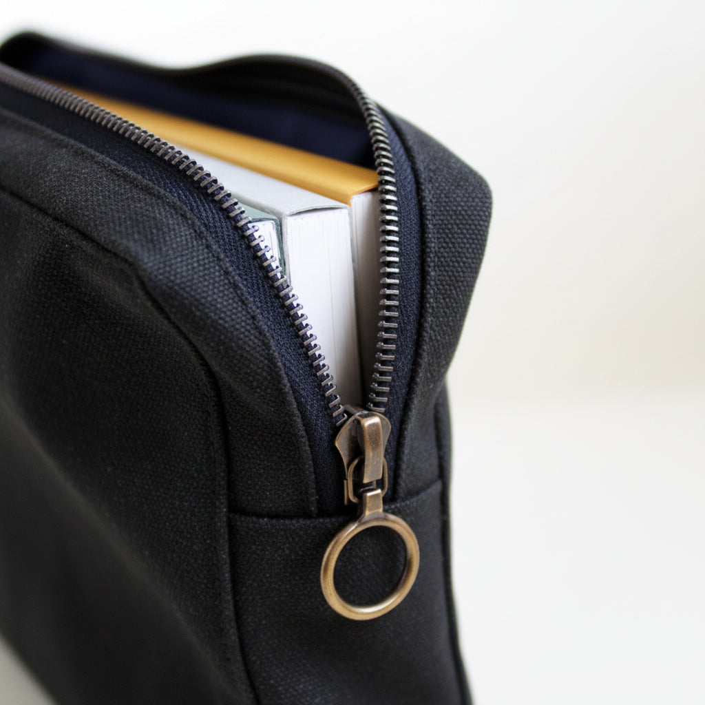 Close-up of a black canvas pouch with a brass zipper and notebooks inside, on a white background