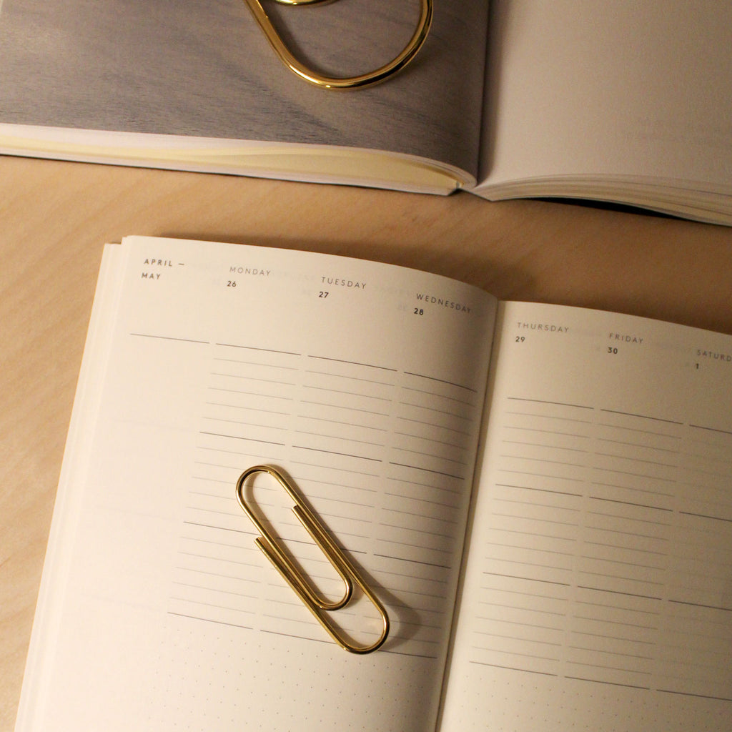 Carl Auböck Paperclip in Solid Brass, for Mark+Fold, luxury desk object, made in Vienna. With Mark+Fold 2021 Diary in mustard