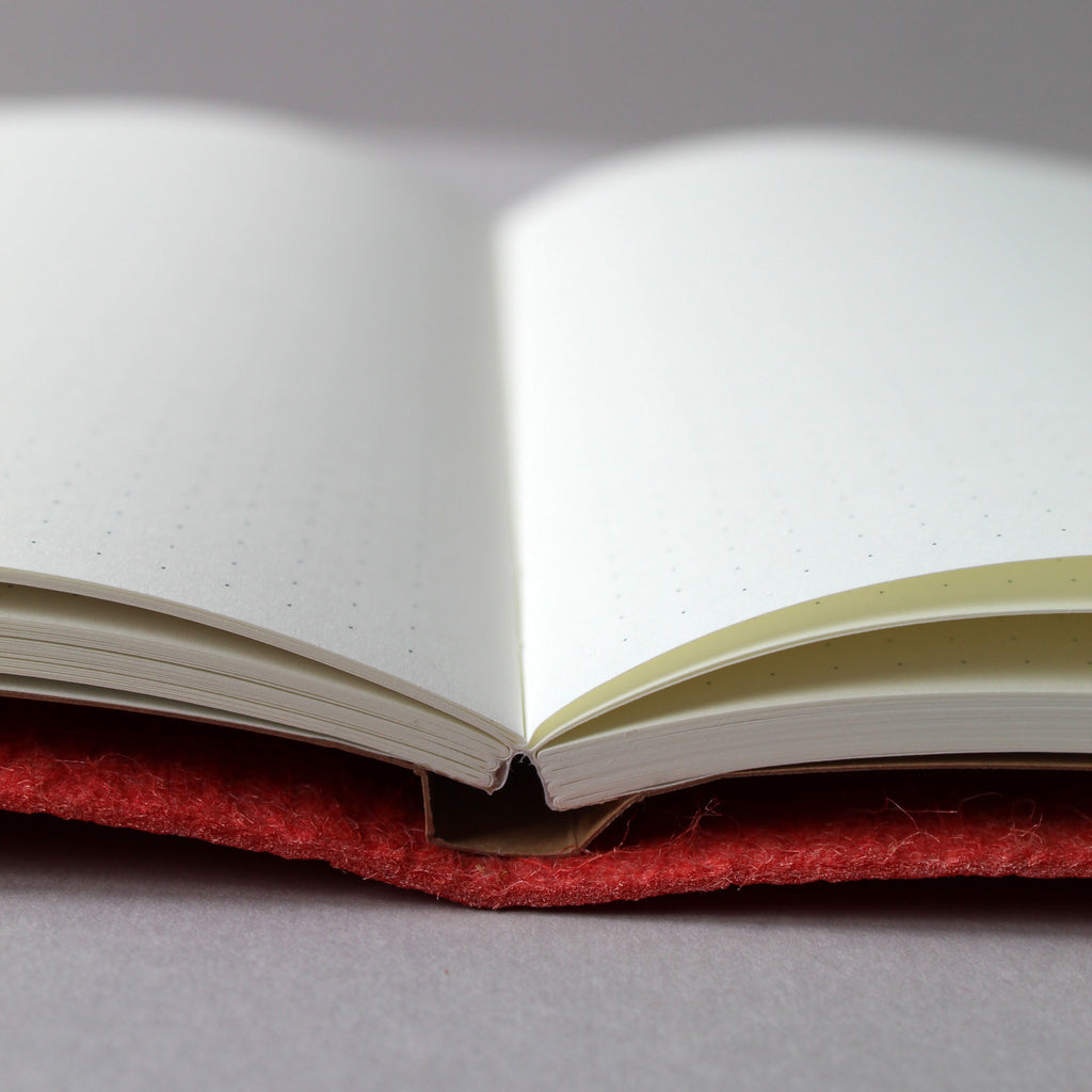 Detail of the Paprika Piñatex Notebook Cover with layflat notebook inside